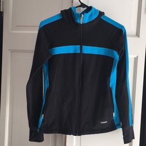 One Tooth black zip up hoodie exercise jacket.